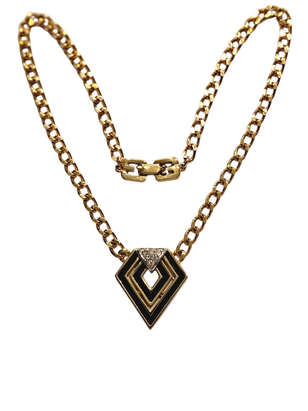 1979 Givenchy Vintage Gold Chain Choker Necklace Black Enamel Crystal Pendant - Picture 16 of 16